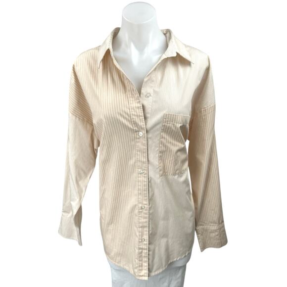 Abercrombie & Fitch Cream Striped Button Down Long Sleeve Oversized Shirt Top L - Picture 1 of 5